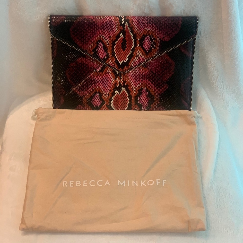 Rebecca Minkoff Pink & Black Snake Embossed Leather Leo Clutch w/ Dust Bag!